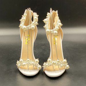 FSJ white pearls peep toe kitten mid heels ankle strap sandals shoes